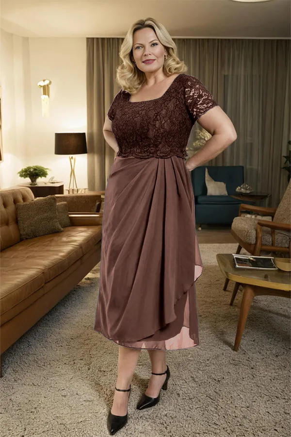 Classic Short Sleeves Ruched Tea Length Mother of the Bride Dress