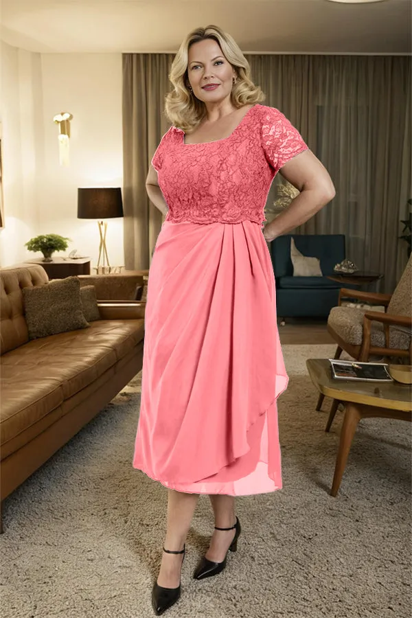 Classic Short Sleeves Ruched Tea Length Mother of the Bride Dress