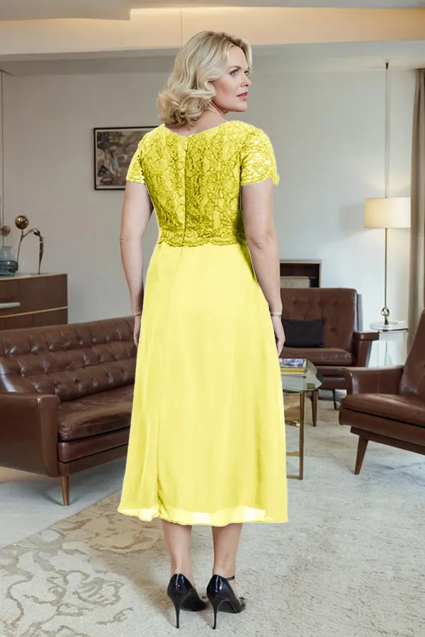 Classic Short Sleeves Ruched Tea Length Mother of the Bride Dress