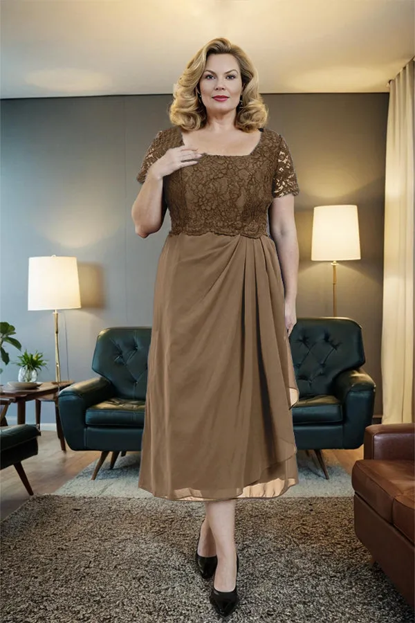 Classic Short Sleeves Ruched Tea Length Mother of the Bride Dress