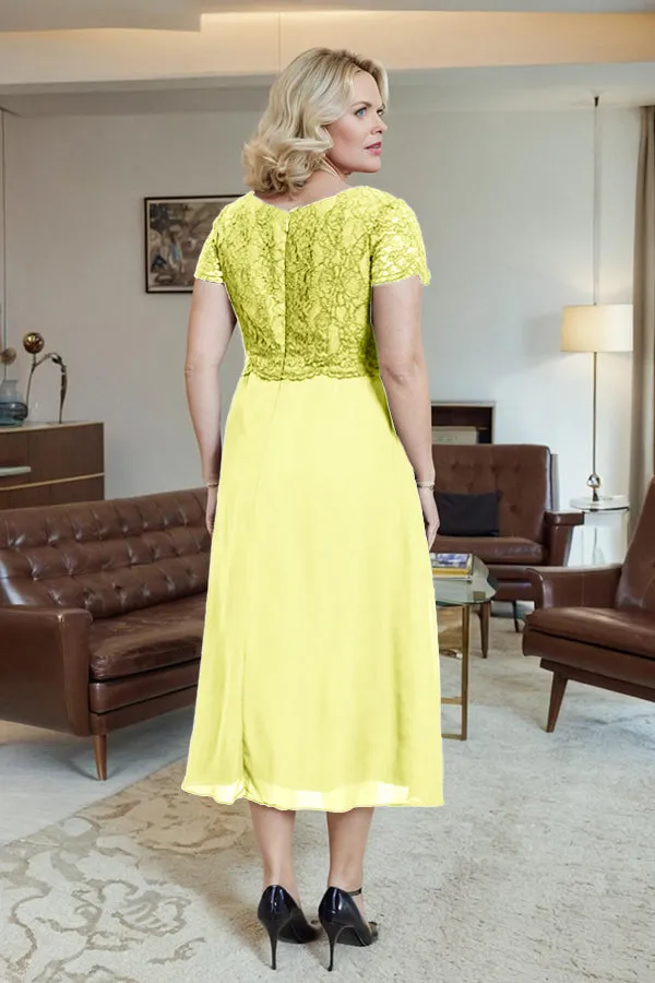 Classic Short Sleeves Ruched Tea Length Mother of the Bride Dress