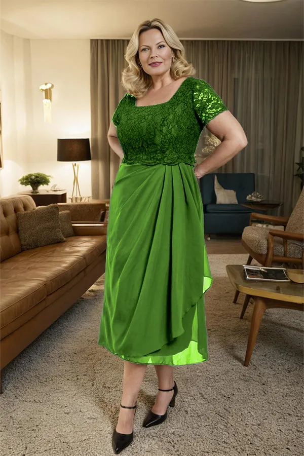 Classic Short Sleeves Ruched Tea Length Mother of the Bride Dress