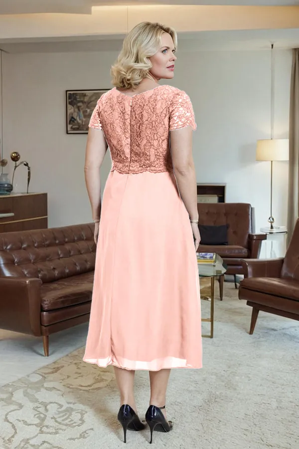 Classic Short Sleeves Ruched Tea Length Mother of the Bride Dress