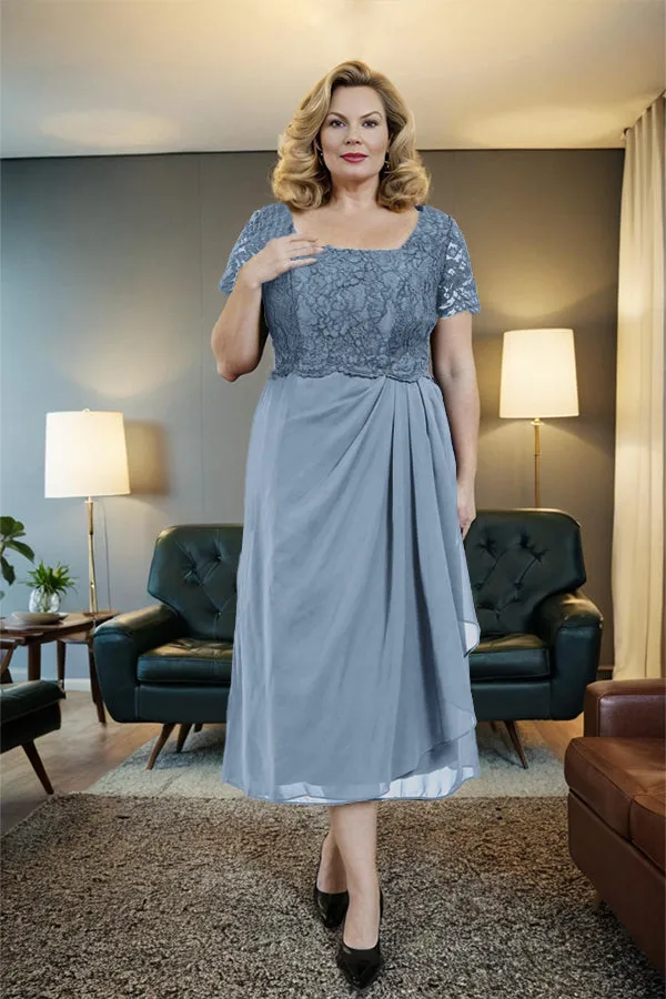 Classic Short Sleeves Ruched Tea Length Mother of the Bride Dress