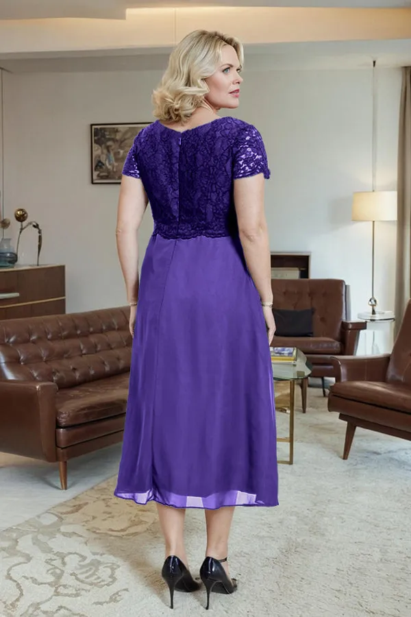 Classic Short Sleeves Ruched Tea Length Mother of the Bride Dress