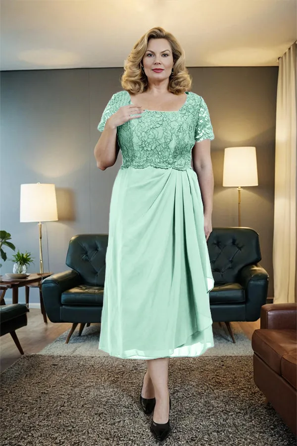 Classic Short Sleeves Ruched Tea Length Mother of the Bride Dress