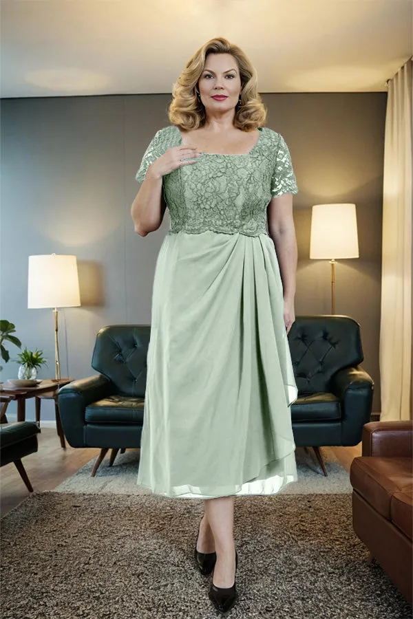 Classic Short Sleeves Ruched Tea Length Mother of the Bride Dress