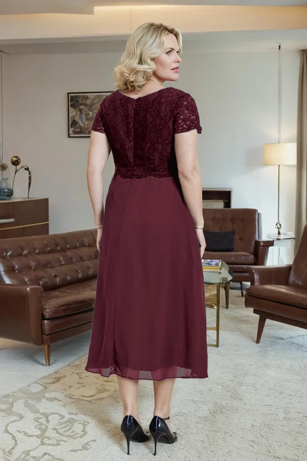 Classic Short Sleeves Ruched Tea Length Mother of the Bride Dress