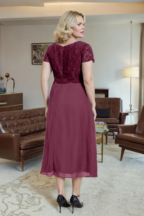Classic Short Sleeves Ruched Tea Length Mother of the Bride Dress