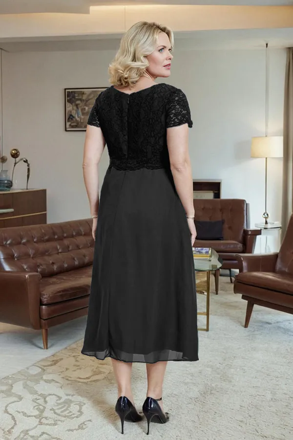 Classic Short Sleeves Ruched Tea Length Mother of the Bride Dress