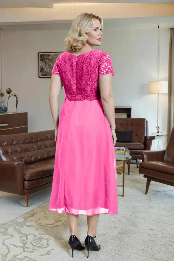 Classic Short Sleeves Ruched Tea Length Mother of the Bride Dress