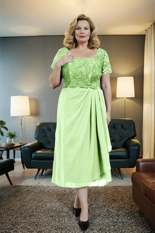 Classic Short Sleeves Ruched Tea Length Mother of the Bride Dress