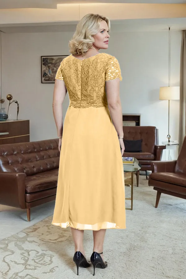 Classic Short Sleeves Ruched Tea Length Mother of the Bride Dress