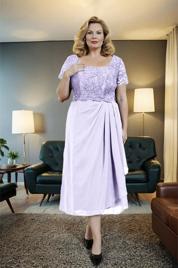 Classic Short Sleeves Ruched Tea Length Mother of the Bride Dress