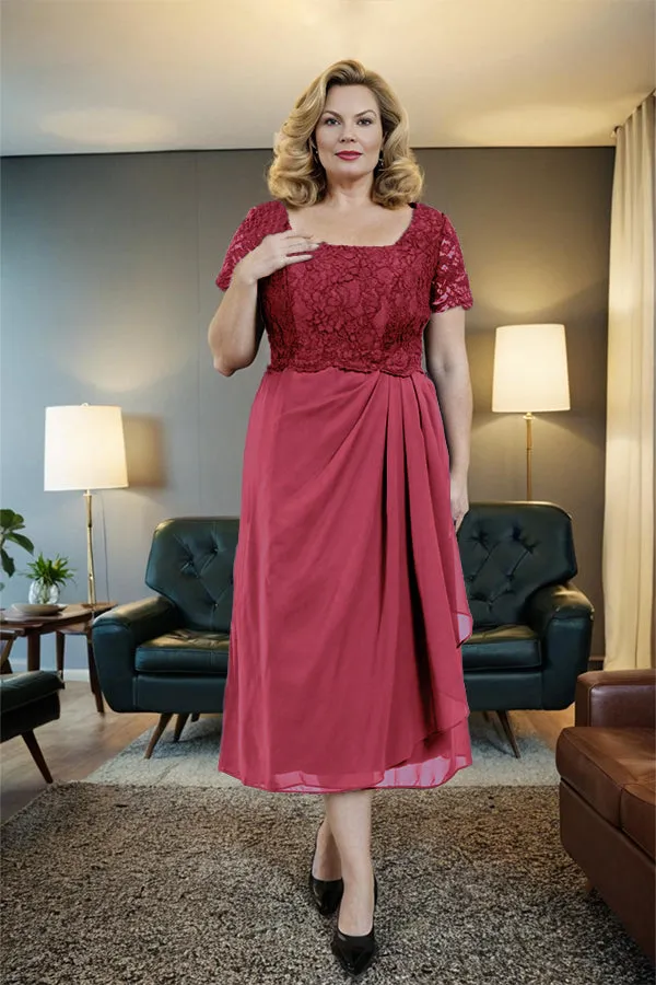 Classic Short Sleeves Ruched Tea Length Mother of the Bride Dress