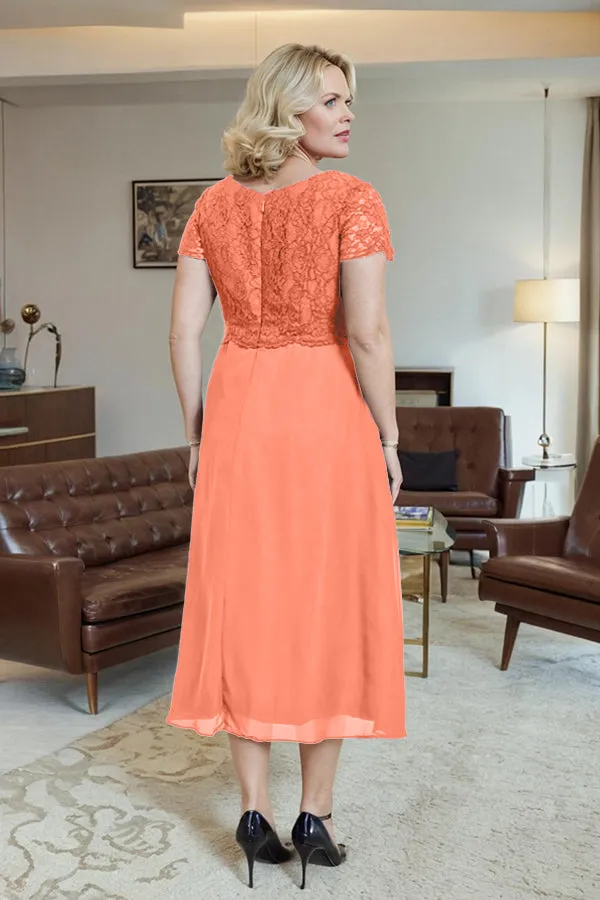 Classic Short Sleeves Ruched Tea Length Mother of the Bride Dress