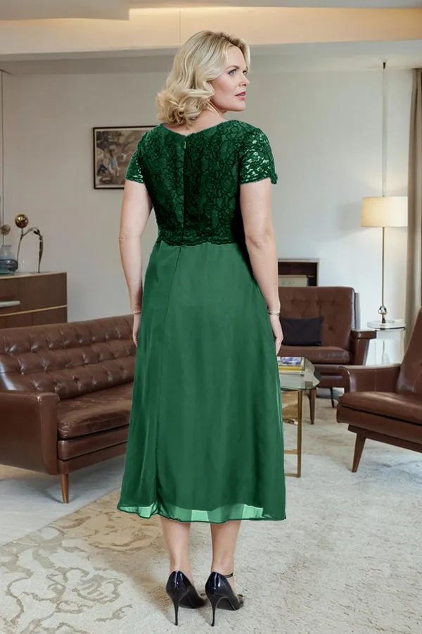 Classic Short Sleeves Ruched Tea Length Mother of the Bride Dress