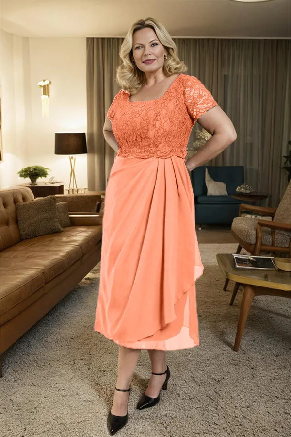 Classic Short Sleeves Ruched Tea Length Mother of the Bride Dress