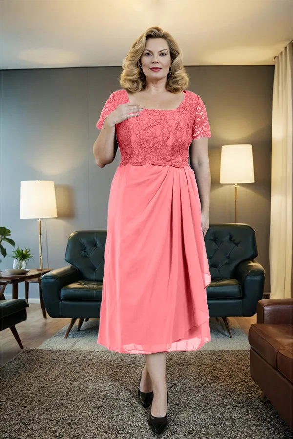 Classic Short Sleeves Ruched Tea Length Mother of the Bride Dress