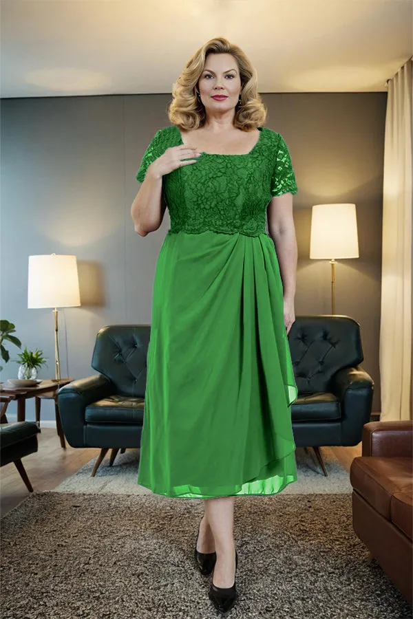 Classic Short Sleeves Ruched Tea Length Mother of the Bride Dress