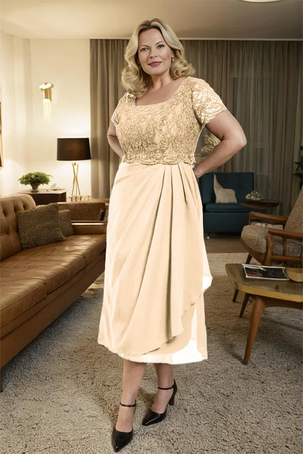 Classic Short Sleeves Ruched Tea Length Mother of the Bride Dress