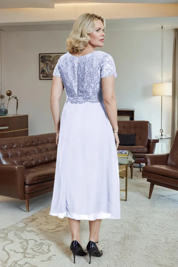 Classic Short Sleeves Ruched Tea Length Mother of the Bride Dress