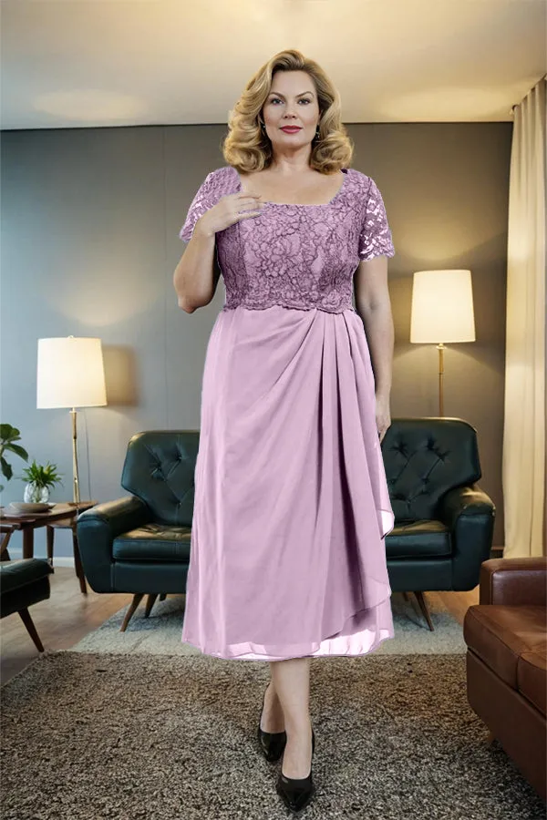 Classic Short Sleeves Ruched Tea Length Mother of the Bride Dress