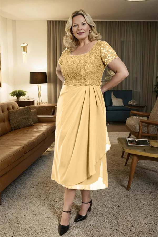 Classic Short Sleeves Ruched Tea Length Mother of the Bride Dress