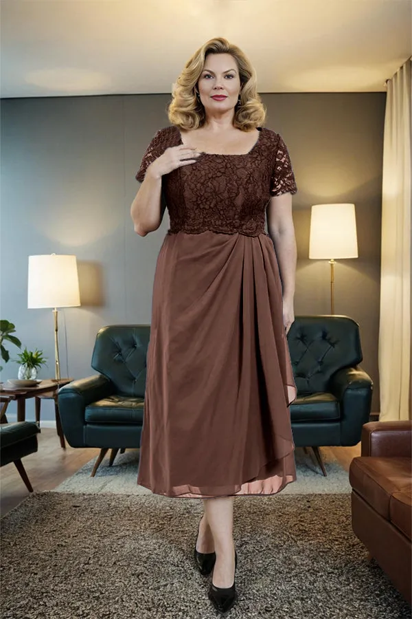 Classic Short Sleeves Ruched Tea Length Mother of the Bride Dress