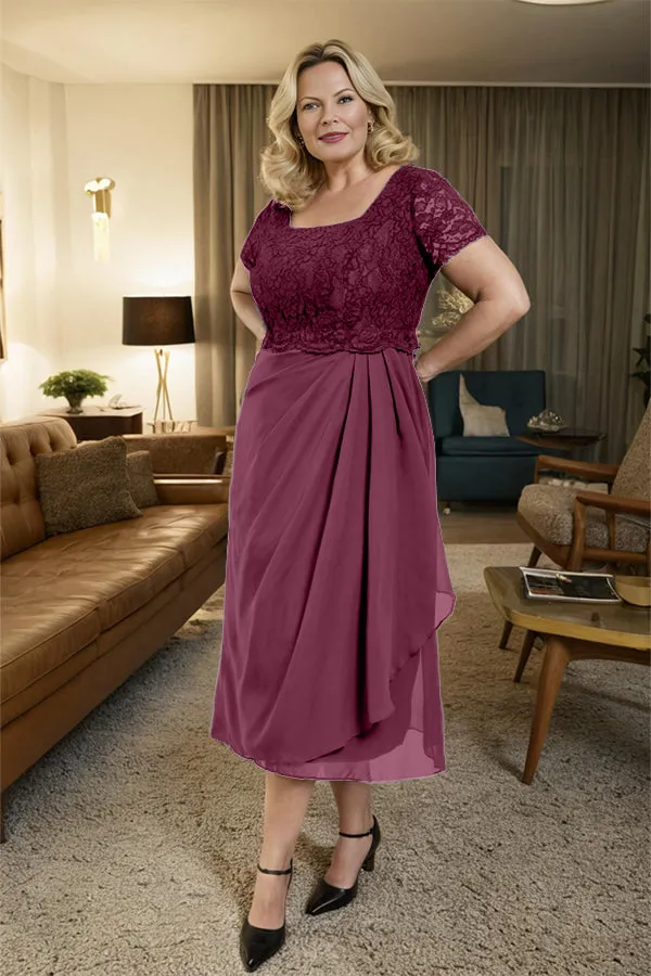 Classic Short Sleeves Ruched Tea Length Mother of the Bride Dress