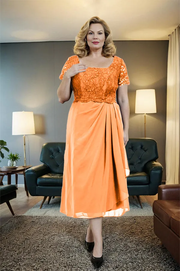 Classic Short Sleeves Ruched Tea Length Mother of the Bride Dress