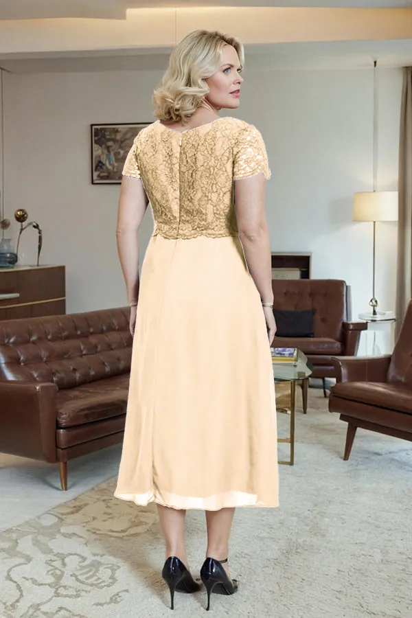 Classic Short Sleeves Ruched Tea Length Mother of the Bride Dress