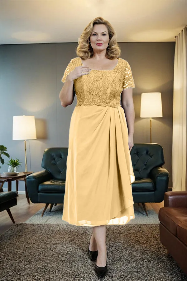 Classic Short Sleeves Ruched Tea Length Mother of the Bride Dress