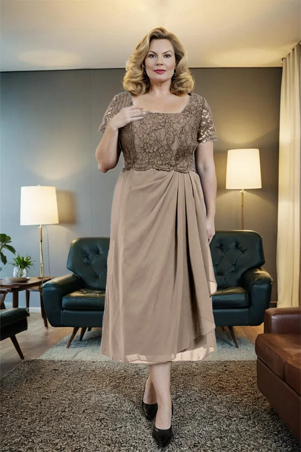 Classic Short Sleeves Ruched Tea Length Mother of the Bride Dress