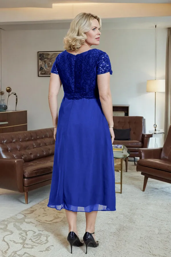 Classic Short Sleeves Ruched Tea Length Mother of the Bride Dress