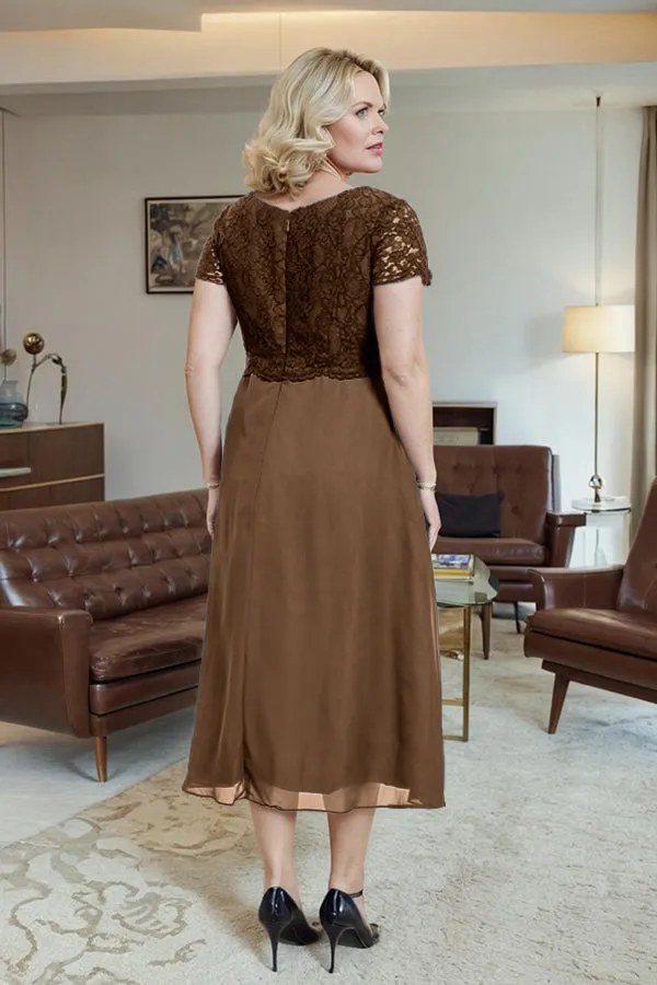 Classic Short Sleeves Ruched Tea Length Mother of the Bride Dress