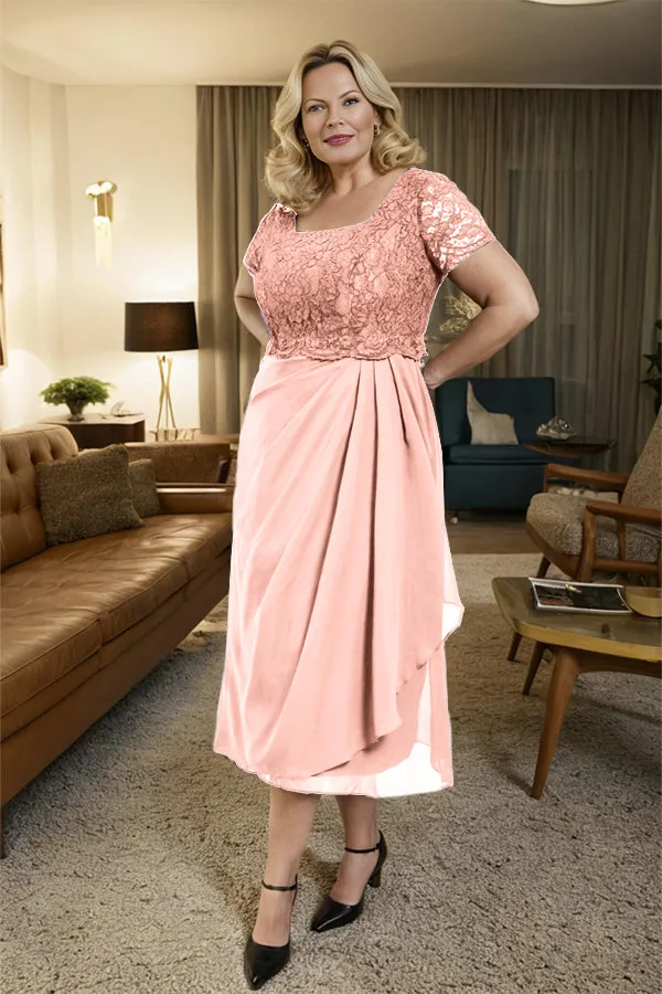 Classic Short Sleeves Ruched Tea Length Mother of the Bride Dress