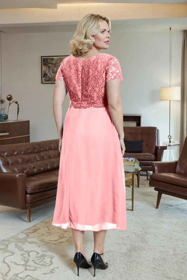 Classic Short Sleeves Ruched Tea Length Mother of the Bride Dress
