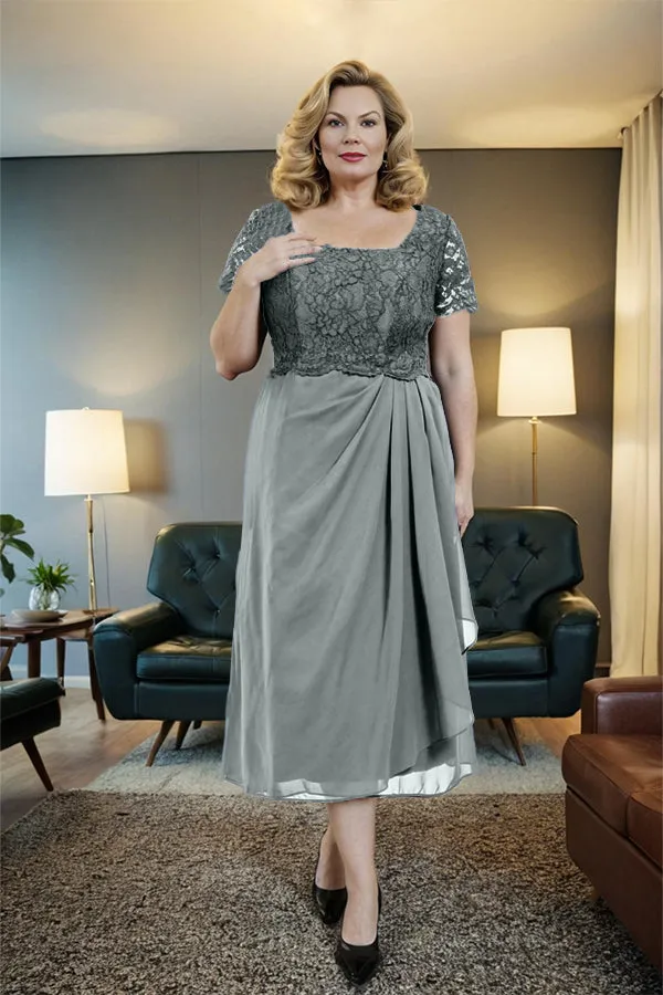 Classic Short Sleeves Ruched Tea Length Mother of the Bride Dress