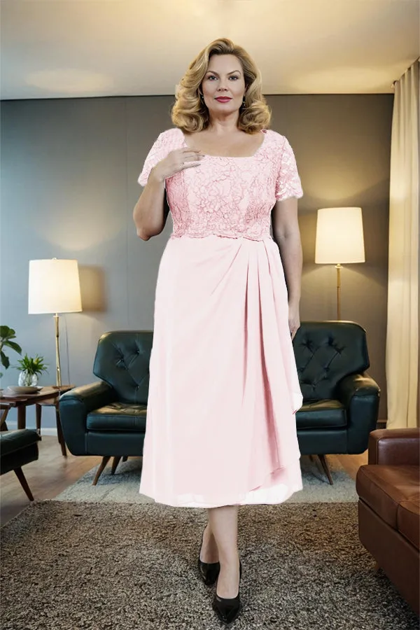 Classic Short Sleeves Ruched Tea Length Mother of the Bride Dress