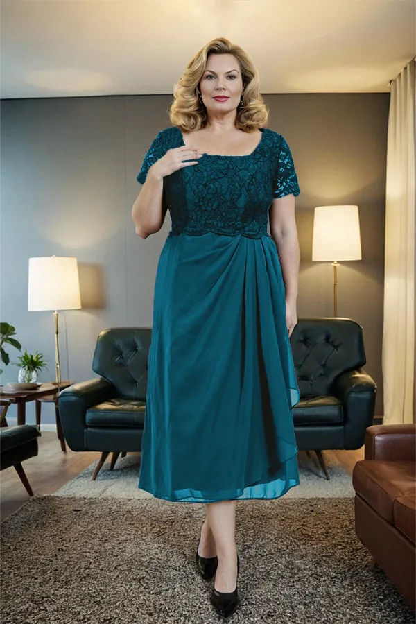 Classic Short Sleeves Ruched Tea Length Mother of the Bride Dress