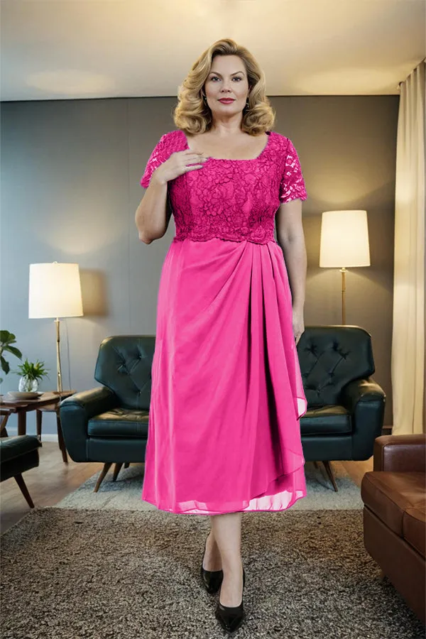 Classic Short Sleeves Ruched Tea Length Mother of the Bride Dress