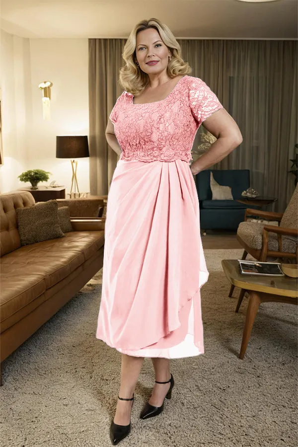 Classic Short Sleeves Ruched Tea Length Mother of the Bride Dress