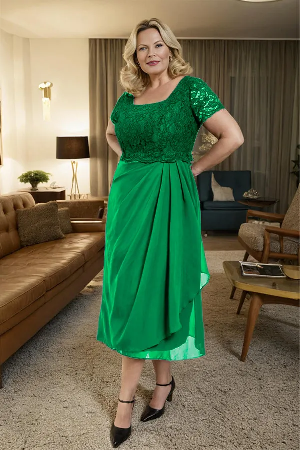 Classic Short Sleeves Ruched Tea Length Mother of the Bride Dress