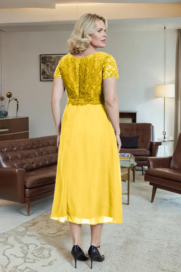 Classic Short Sleeves Ruched Tea Length Mother of the Bride Dress