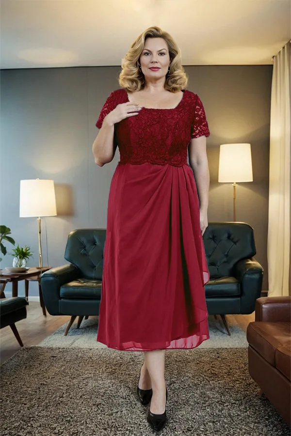 Classic Short Sleeves Ruched Tea Length Mother of the Bride Dress