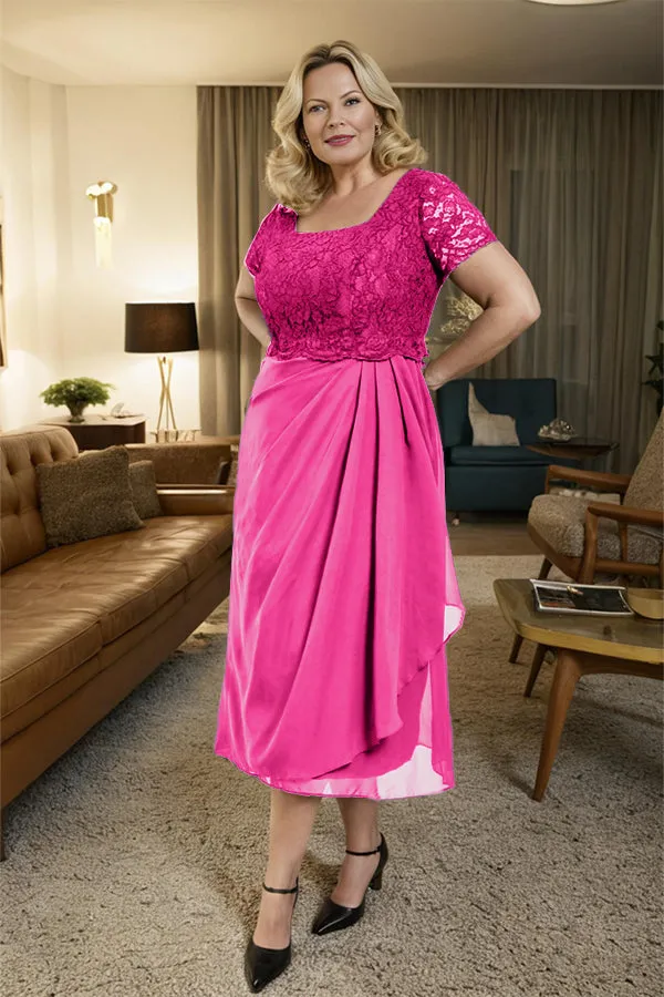 Classic Short Sleeves Ruched Tea Length Mother of the Bride Dress