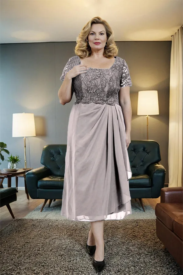 Classic Short Sleeves Ruched Tea Length Mother of the Bride Dress