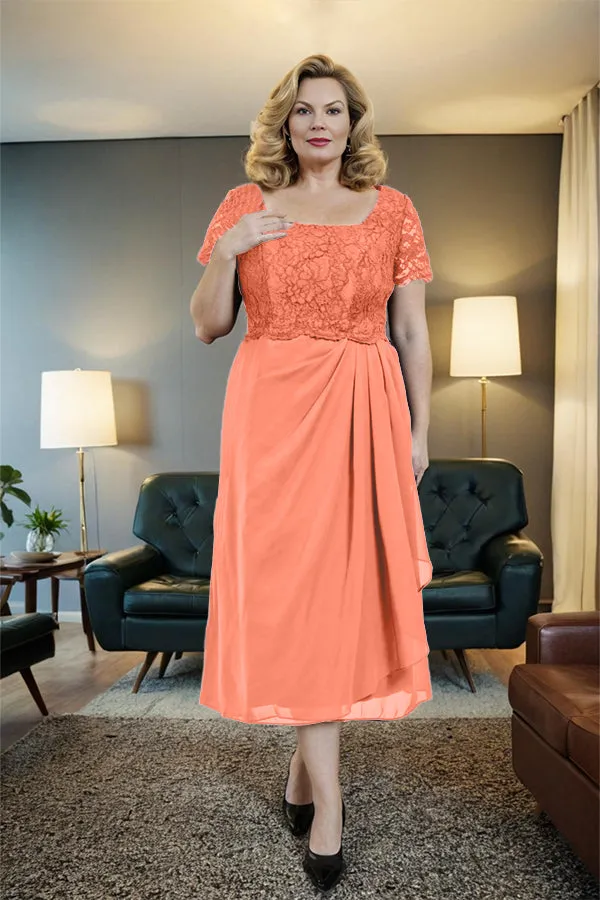 Classic Short Sleeves Ruched Tea Length Mother of the Bride Dress