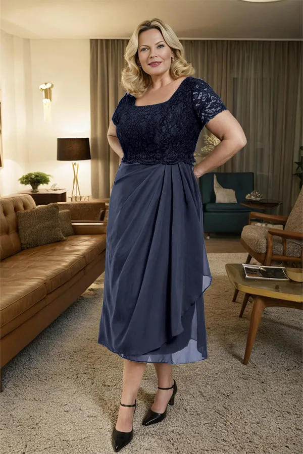 Classic Short Sleeves Ruched Tea Length Mother of the Bride Dress